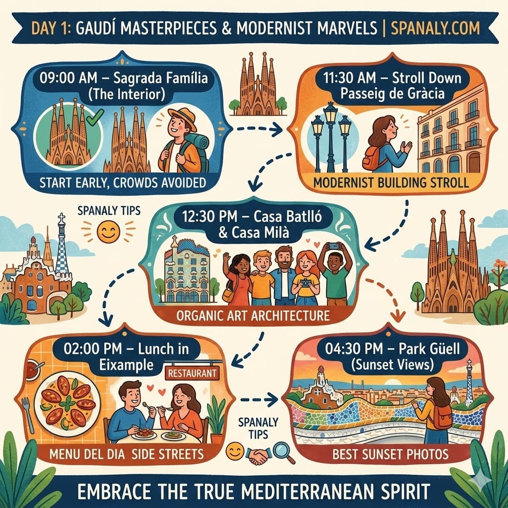 A detailed hour-by-hour 2026 itinerary for Day 1 in Barcelona, showing visits to Sagrada Família, Passeig de Gràcia, Casa Batlló, and sunset at Park Güell.