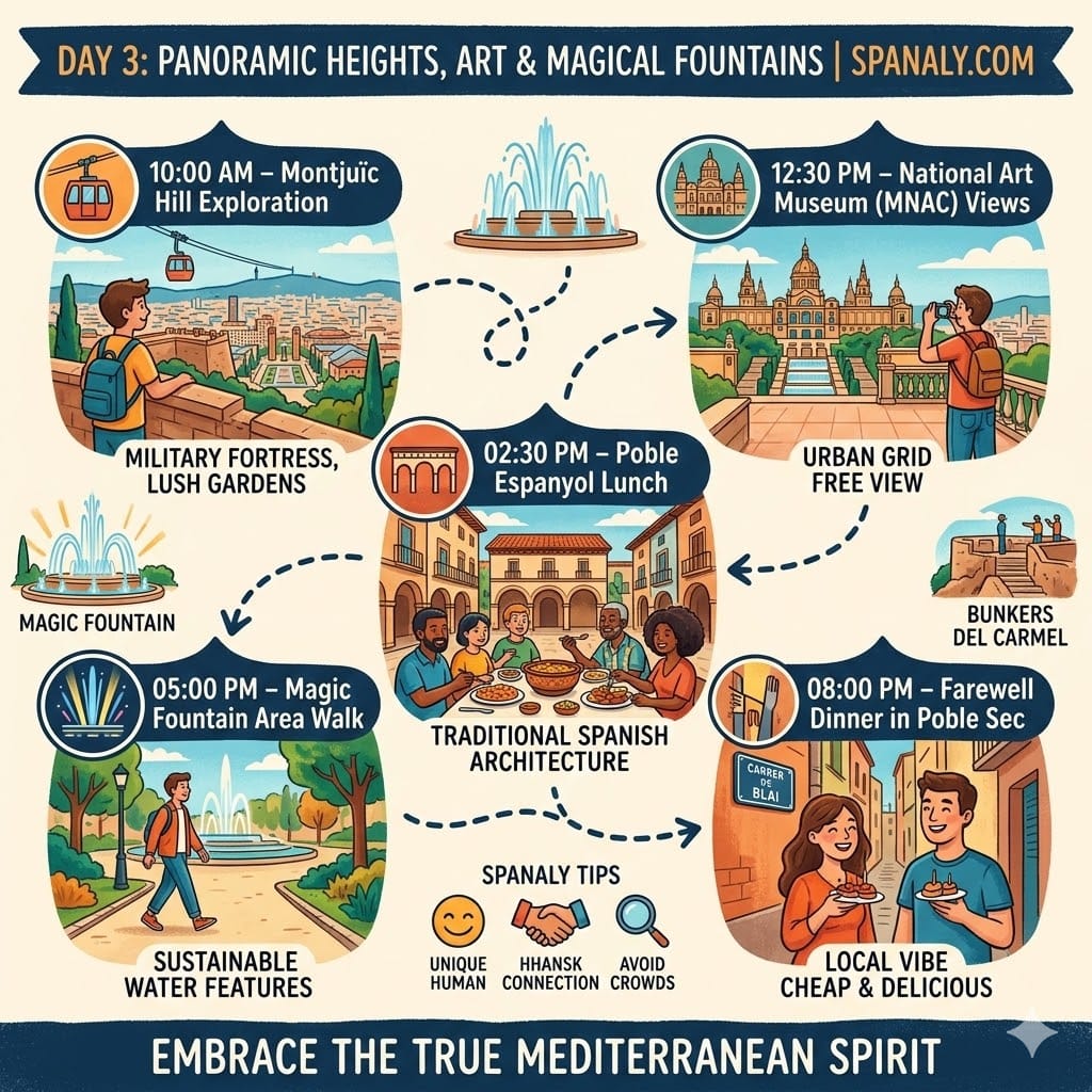An hour-by-hour 2026 itinerary for Day 3 in Barcelona, showing Montjuïc Hill, cable cars, Poble Espanyol, and the Magic Fountain area with sunset viewpoints.
