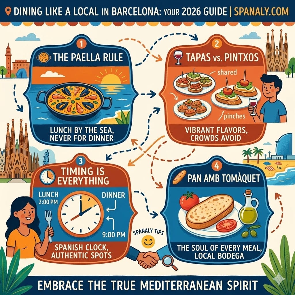A colorful 2026 food infographic for Barcelona, showing the best times for lunch and dinner, the rule of eating paella at noon, and traditional Catalan dishes like Pan amb Tomàquet.