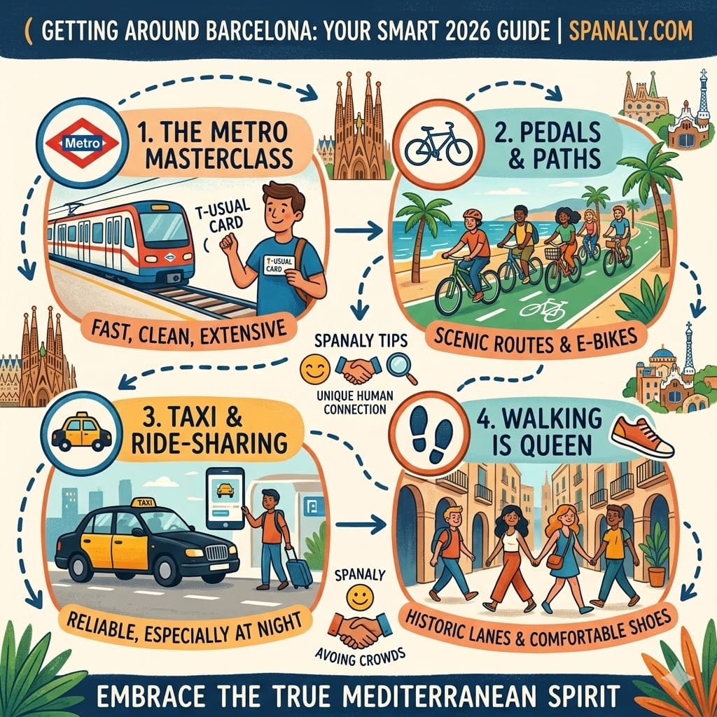 A colorful infographic guide to Barcelona public transport in 2026, showing metro, cycling paths, taxi services, and walking routes for tourists.