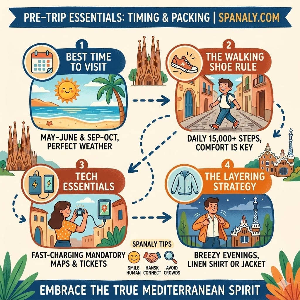 A colorful 2026 travel infographic showing Barcelona packing essentials like walking shoes and power banks, along with the best time to visit for perfect weather.