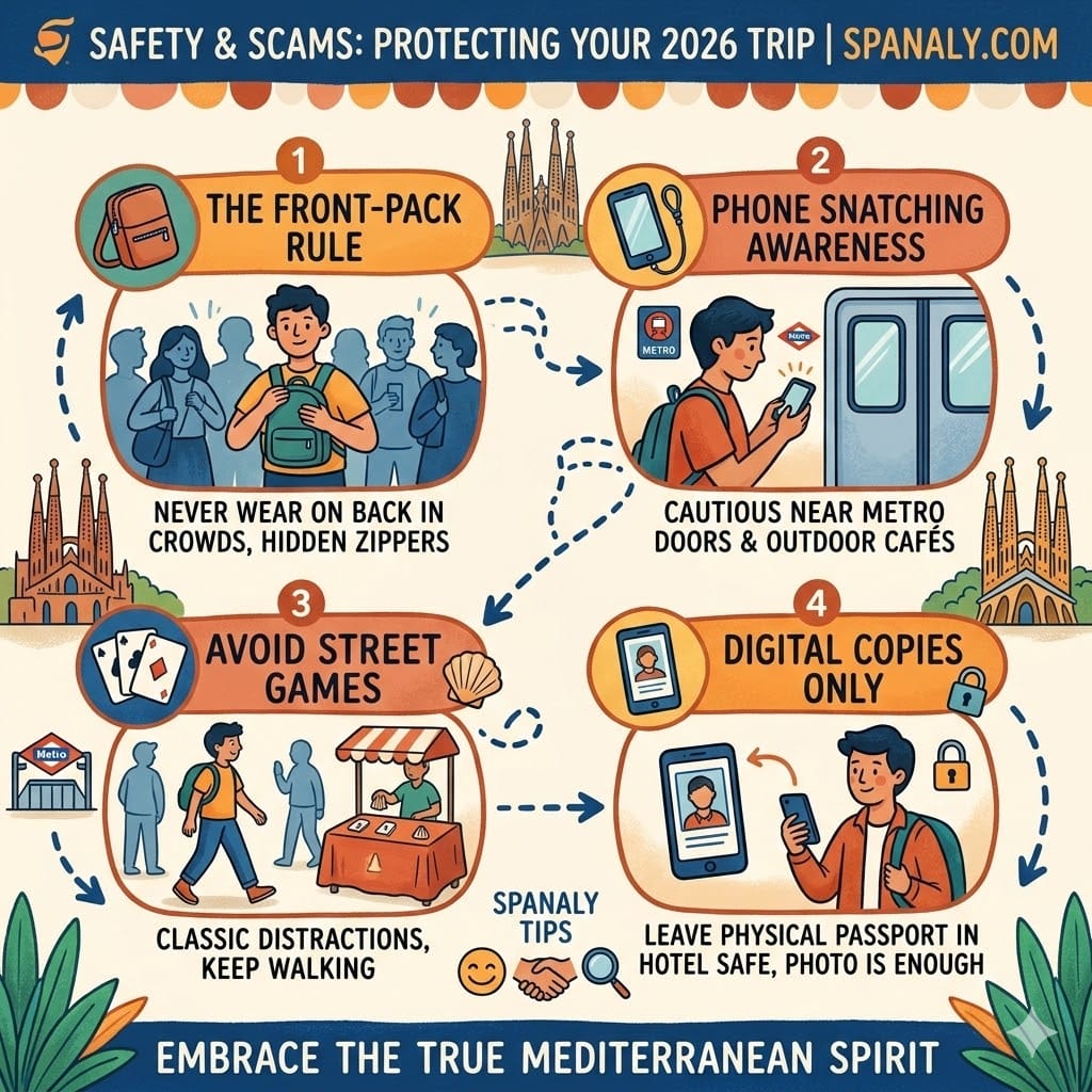 An informative 2026 safety infographic for Barcelona travelers, featuring tips on protecting belongings, avoiding street scams, and keeping digital copies of documents.