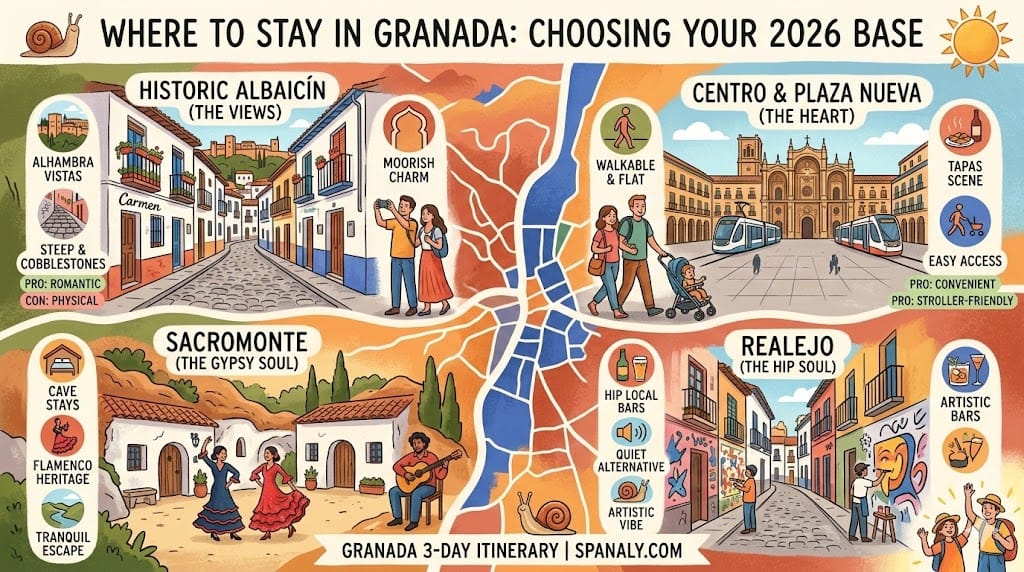 A colorful 2026 travel infographic showing the best neighborhoods to stay in Granada, including Albaicín for views, Centro for families, Sacromonte for caves, and Realejo for art.