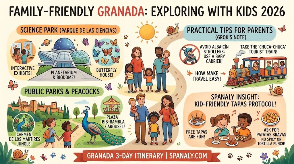 A colorful 2026 travel infographic for family-friendly Granada, showcasing Science Park, butterfly house, Carmen de los Mártires peacocks, and practical tips for kids.
