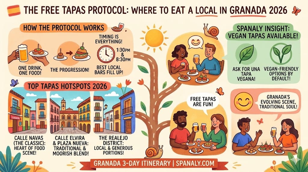A colorful 2026 travel infographic about the free tapas protocol in Granada, showing how to get free food with drinks, top hotspots like Calle Navas, and vegan options.