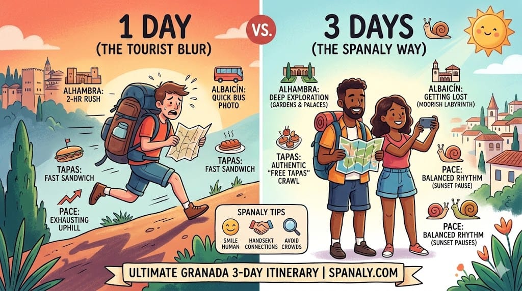 A colorful 2026 infographic comparing a rushed 1-day Granada trip to a relaxed 3-day Spanaly itinerary, featuring Alhambra, Albaicín, and free tapas culture.