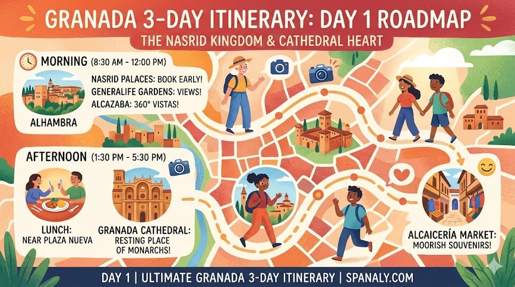A colorful 2026 roadmap infographic for Day 1 in Granada, showing the schedule for Alhambra, Nasrid Palaces, Granada Cathedral, and Alcaicería Market.