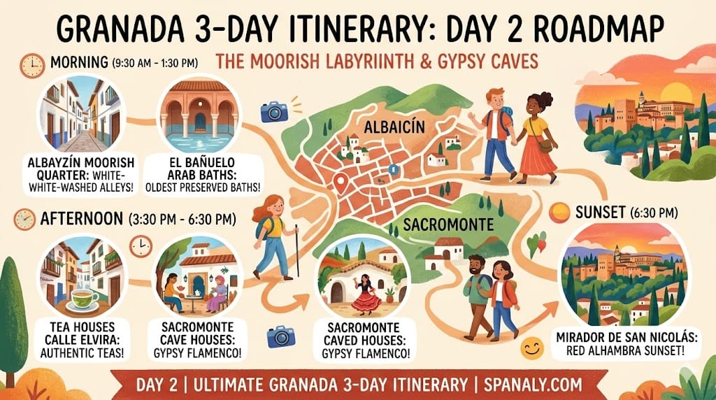 A colorful 2026 travel infographic for Day 2 in Granada, showcasing the route through Albaicín, Arab Baths, Tea Houses, Sacromonte cave houses, and San Nicolás sunset.
