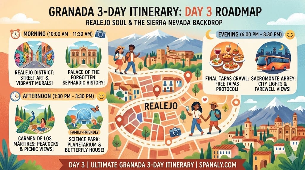 A colorful 2026 travel infographic for Day 3 in Granada, featuring Realejo street art, Carmen de los Mártires, Science Park for families, and Sierra Nevada views.