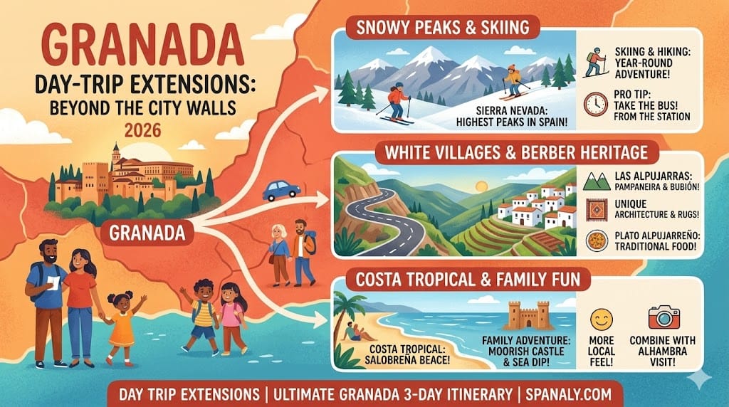 A colorful 2026 infographic showing day trip extensions from Granada to Sierra Nevada mountains, Las Alpujarras white villages, and Costa Tropical beaches.