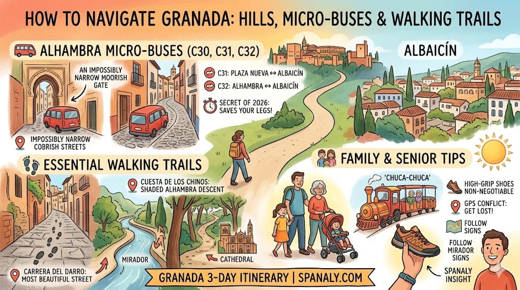A colorful 2026 travel infographic for Granada, showing Alhambra micro-buses C30-C32, walking trails like Carrera del Darro, and transport tips for families and seniors.