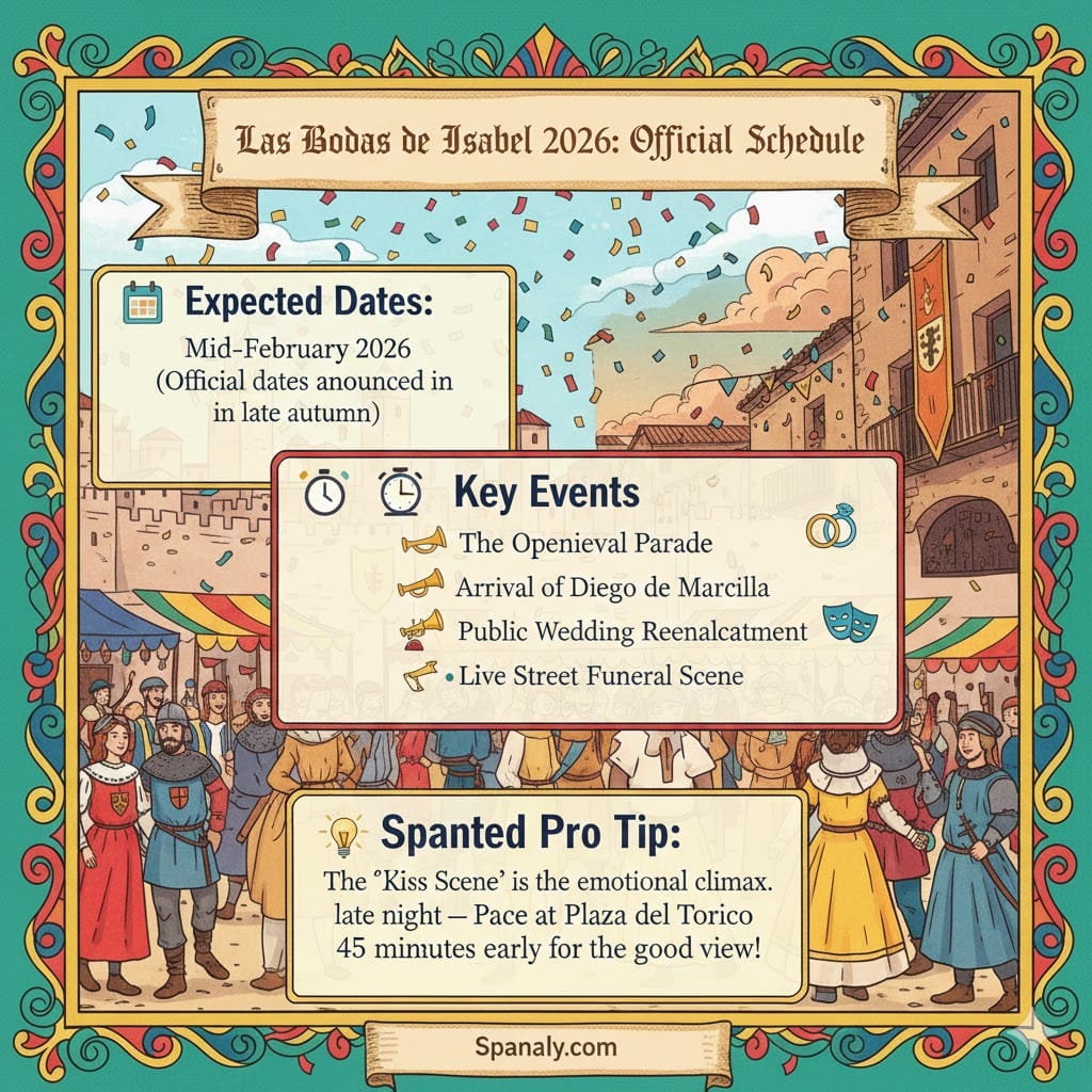 A colorful medieval infographic showing the official schedule and key events for Las Bodas de Isabel de Segura 2026 in Teruel - Spanaly.com.