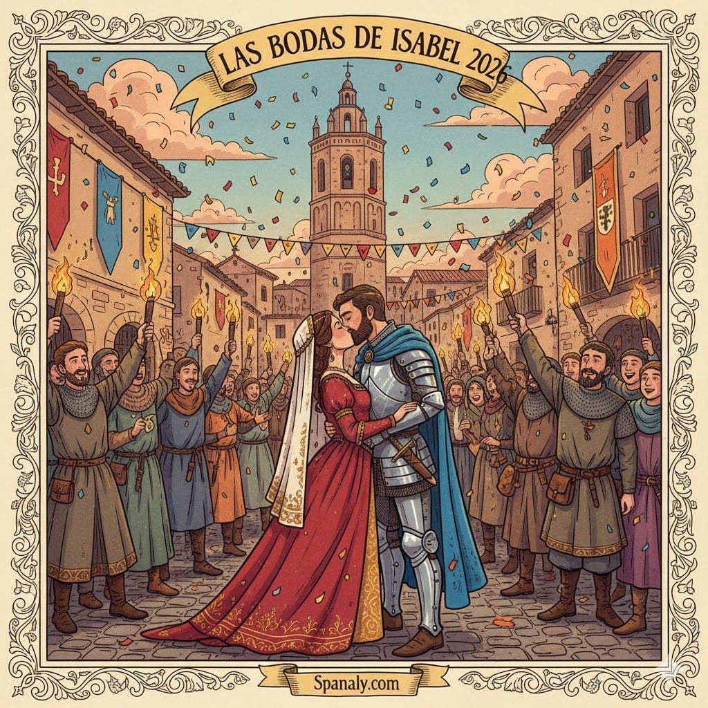 A vibrant, hand-drawn illustration of the Los Amantes de Teruel legend in a medieval festival setting, featuring Isabel and Diego with a decorative border - Spanaly.com.