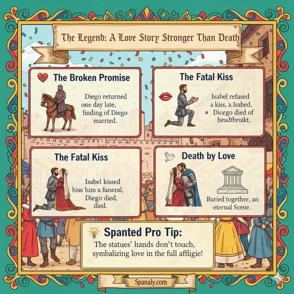 A colorful medieval infographic of the Legend of Isabel de Segura and Diego de Marcilla, showing the four tragic pillars of their love story in Teruel - Spanaly.com.