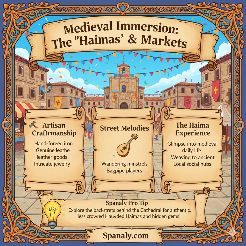A colorful medieval infographic showing the immersion of Teruel's markets, featuring artisan crafts, street musicians, and the traditional Haimas tents - Spanaly.com.