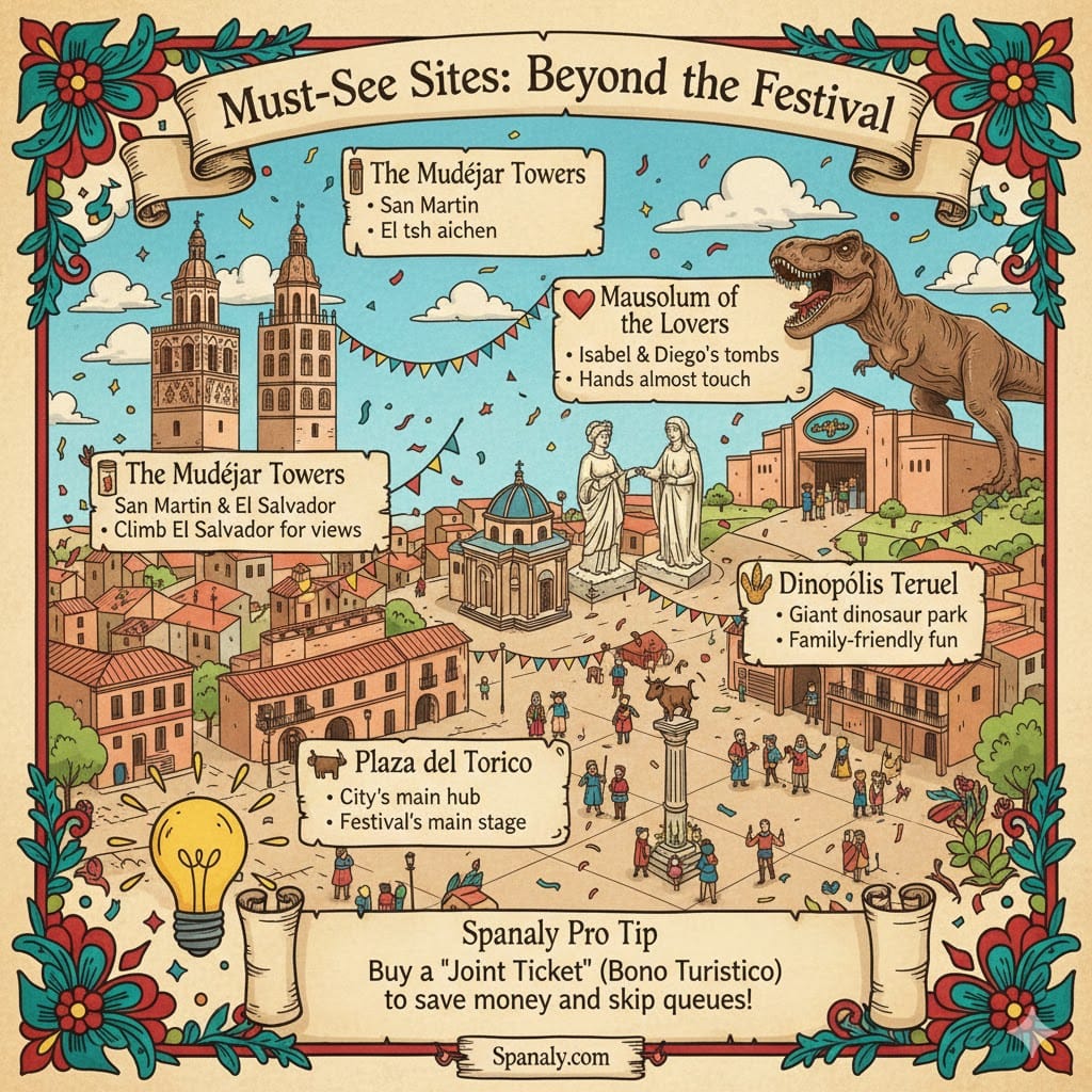 A colorful infographic showing Teruel's top attractions beyond the festival, including Mudéjar towers, Mausoleum of the Lovers, and Dinópolis park - Spanaly.com.