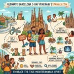 A comprehensive 2026 visual guide for a 3-day Barcelona itinerary, featuring Sagrada Familia, Park Güell, the Gothic Quarter, and Mediterranean beaches in a colorful infographic style.