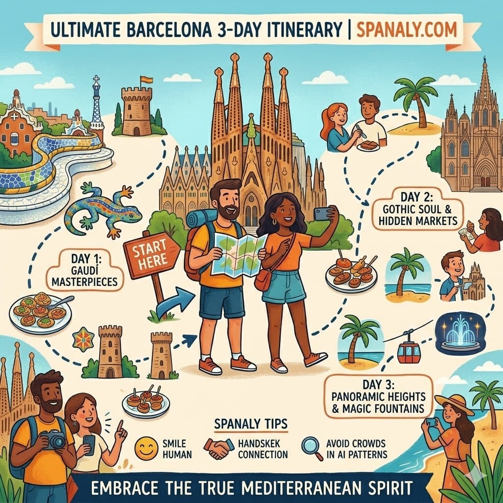 A comprehensive 2026 visual guide for a 3-day Barcelona itinerary, featuring Sagrada Familia, Park Güell, the Gothic Quarter, and Mediterranean beaches in a colorful infographic style.