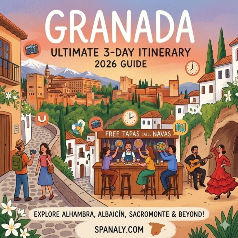 A colorful 1024x1024 featured image for Granada travel guide 2026, showcasing the Alhambra, Albayzín streets, flamenco in Sacromonte, and free tapas with the Spanaly.com logo.