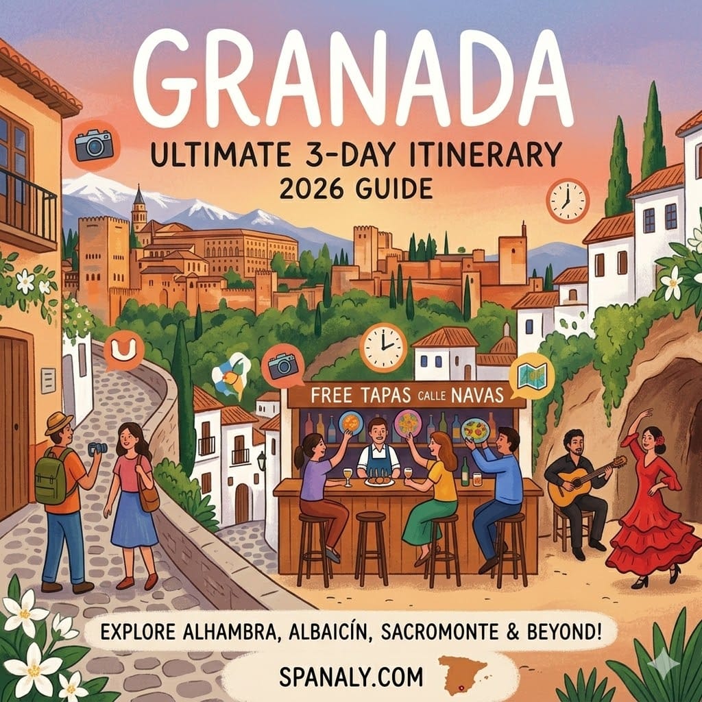 A colorful 1024x1024 featured image for Granada travel guide 2026, showcasing the Alhambra, Albayzín streets, flamenco in Sacromonte, and free tapas with the Spanaly.com logo.