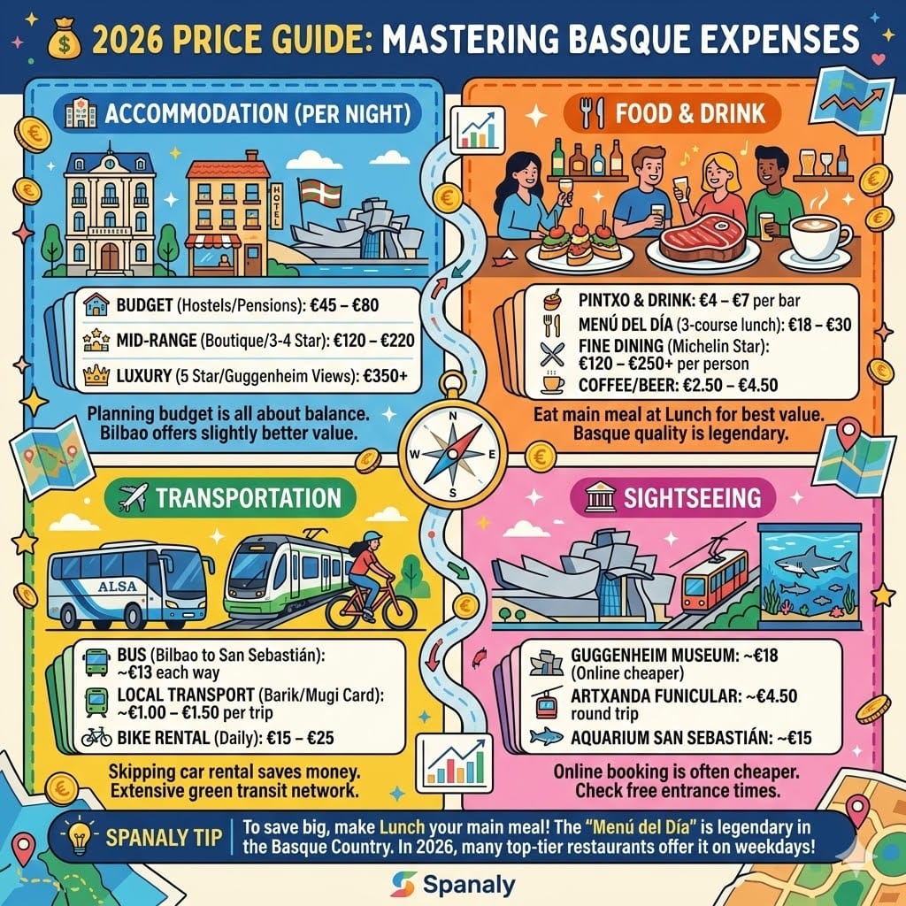 A detailed 4-panel infographic for travel expenses in the Basque Country for 2026. Sections include Accommodation (Budget to Luxury), Food & Drink (Pintxos, Menú del Día, Fine Dining), Transportation (Bus, Local Transit, Bike), and Sightseeing (Guggenheim, Funicular, Aquarium). Features a Spanaly tip about saving money at lunch.