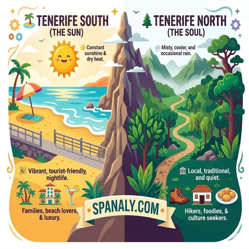 A colorful infographic comparing Tenerife South (Sun, Beaches, Nightlife) and Tenerife North (Nature, Culture, Forests) for a 3-day itinerary by Spanaly.com.