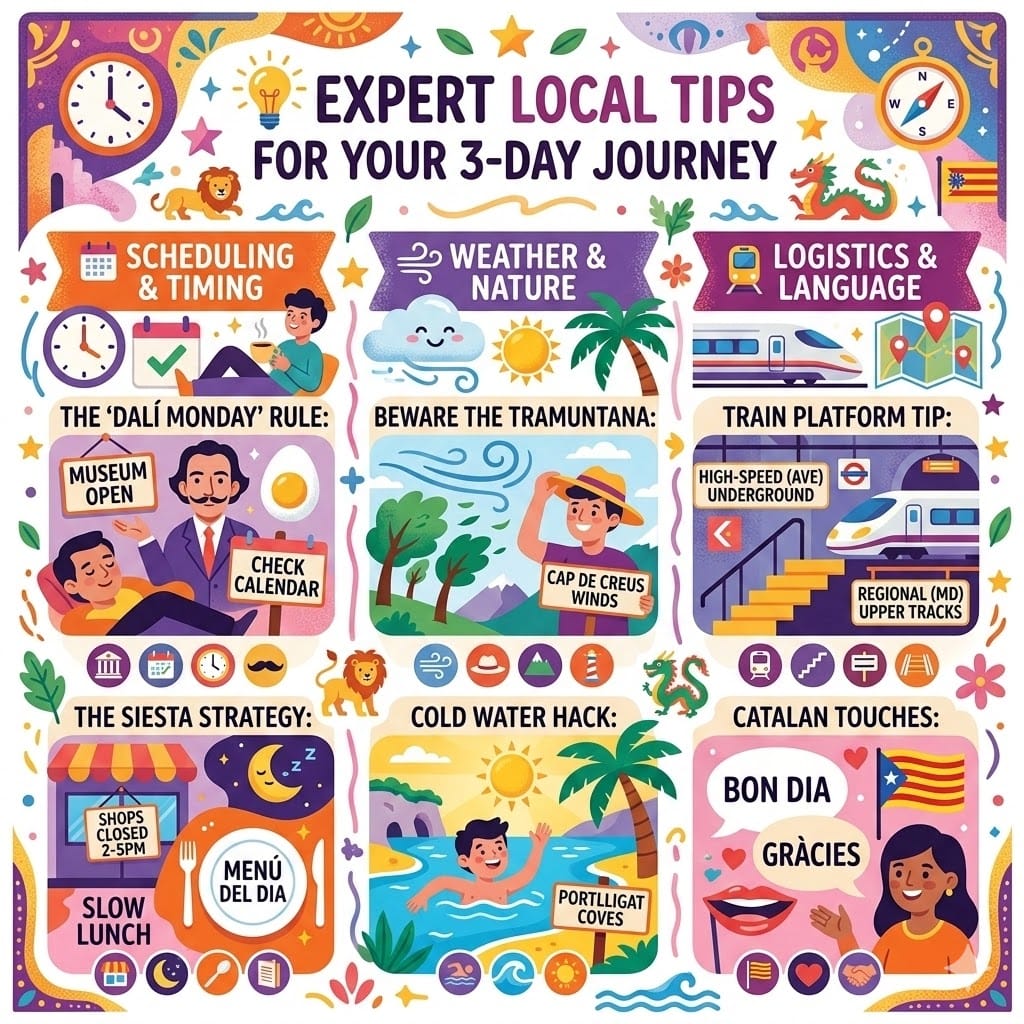 A colorful 1024x1024 infographic with expert tips for Girona and Dali, covering museum schedules, the Tramuntana wind, train platforms, and basic Catalan phrases.