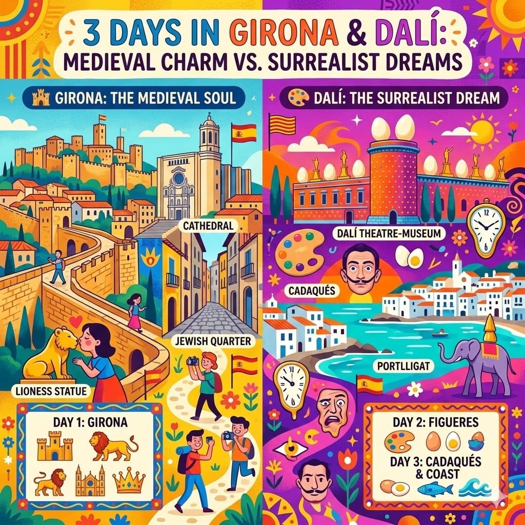 A colorful 1024x1024 infographic comparing 3 days in Girona's medieval Old Town with Salvador Dali's surrealist world in Figueres and Cadaqués.