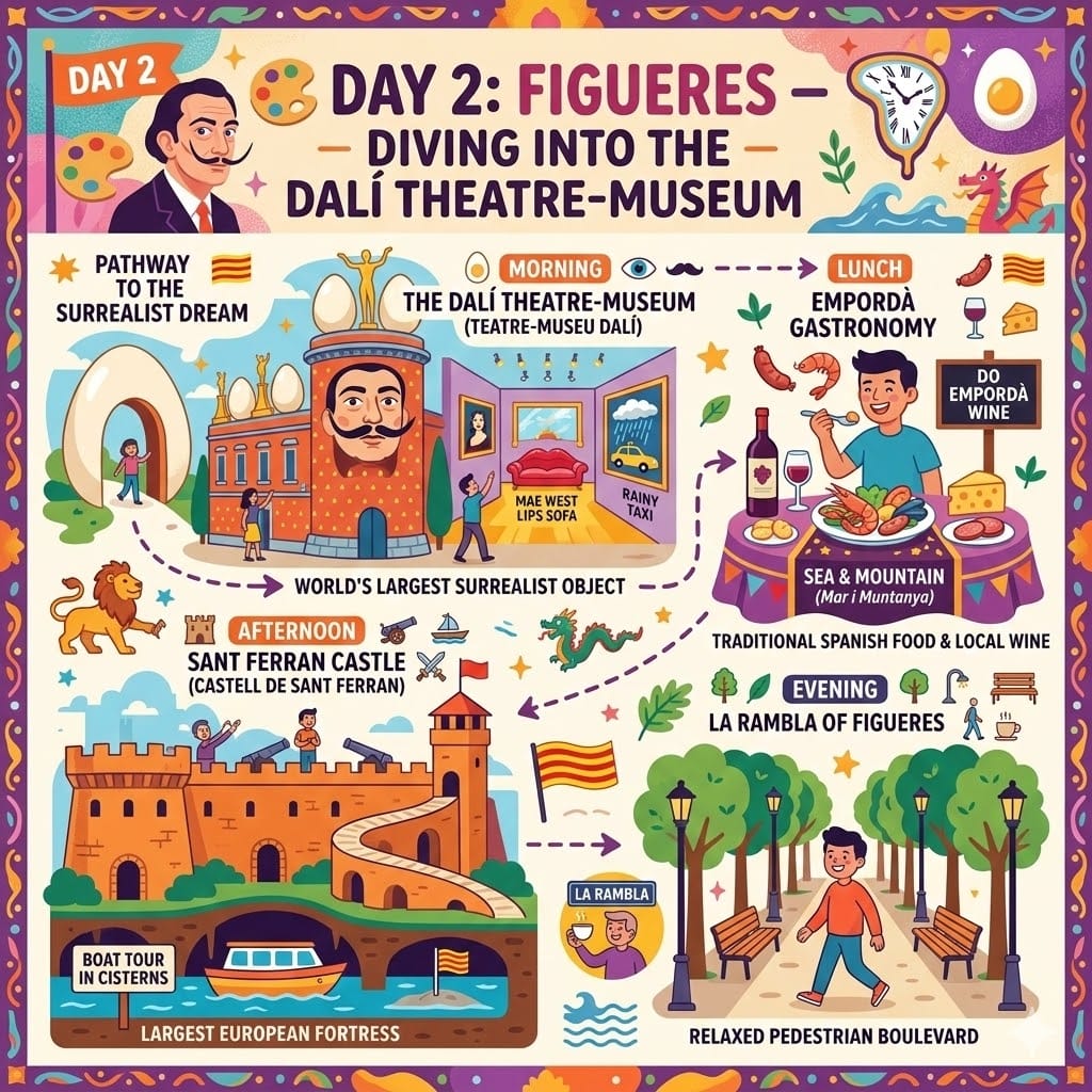 A colorful 1024x1024 infographic for Day 2 in Figueres, featuring the Dalí Theatre-Museum, Sant Ferran Castle, and local Empordà gastronomy.