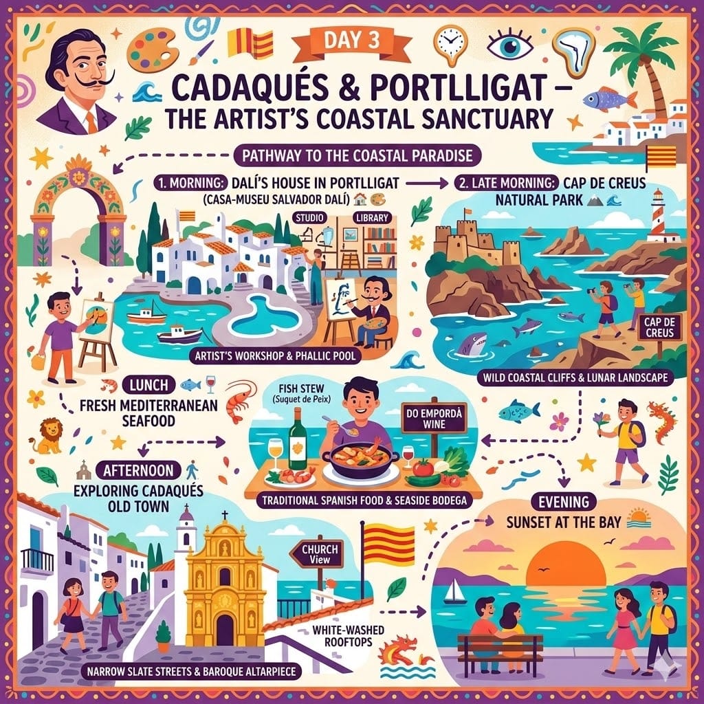 A colorful 1024x1024 infographic for Day 3 in Cadaqués and Portlligat, featuring Dalí’s House, Cap de Creus Natural Park, and Mediterranean seafood.