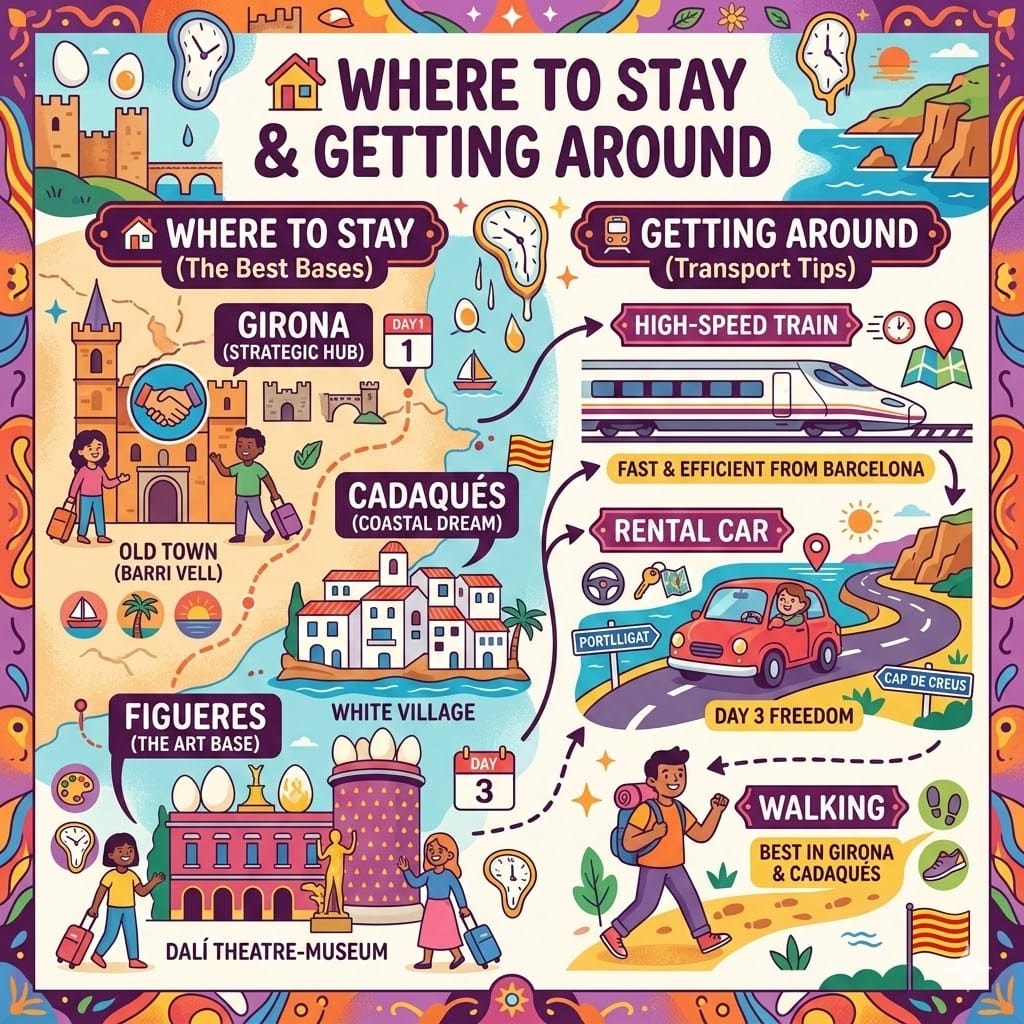 A colorful 1024x1024 infographic showing where to stay in Girona and Cadaqués, and how to get around via high-speed train and rental car for a 3-day itinerary