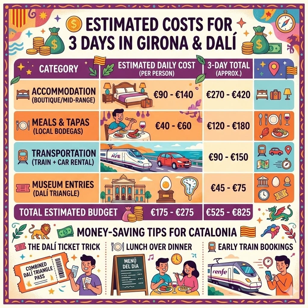 A colorful 1024x1024 infographic breaking down the estimated costs for 3 days in Girona and the Dali Triangle, including accommodation, meals, transport, and museum fees.
