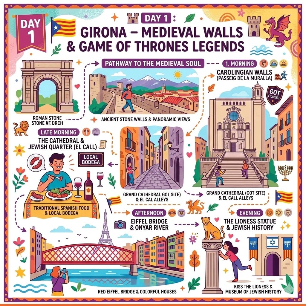 A colorful 1024x1024 infographic for Day 1 in Girona, featuring the Carolingian walls, the Cathedral, the Jewish Quarter, and the Eiffel Bridge over the Onyar River.