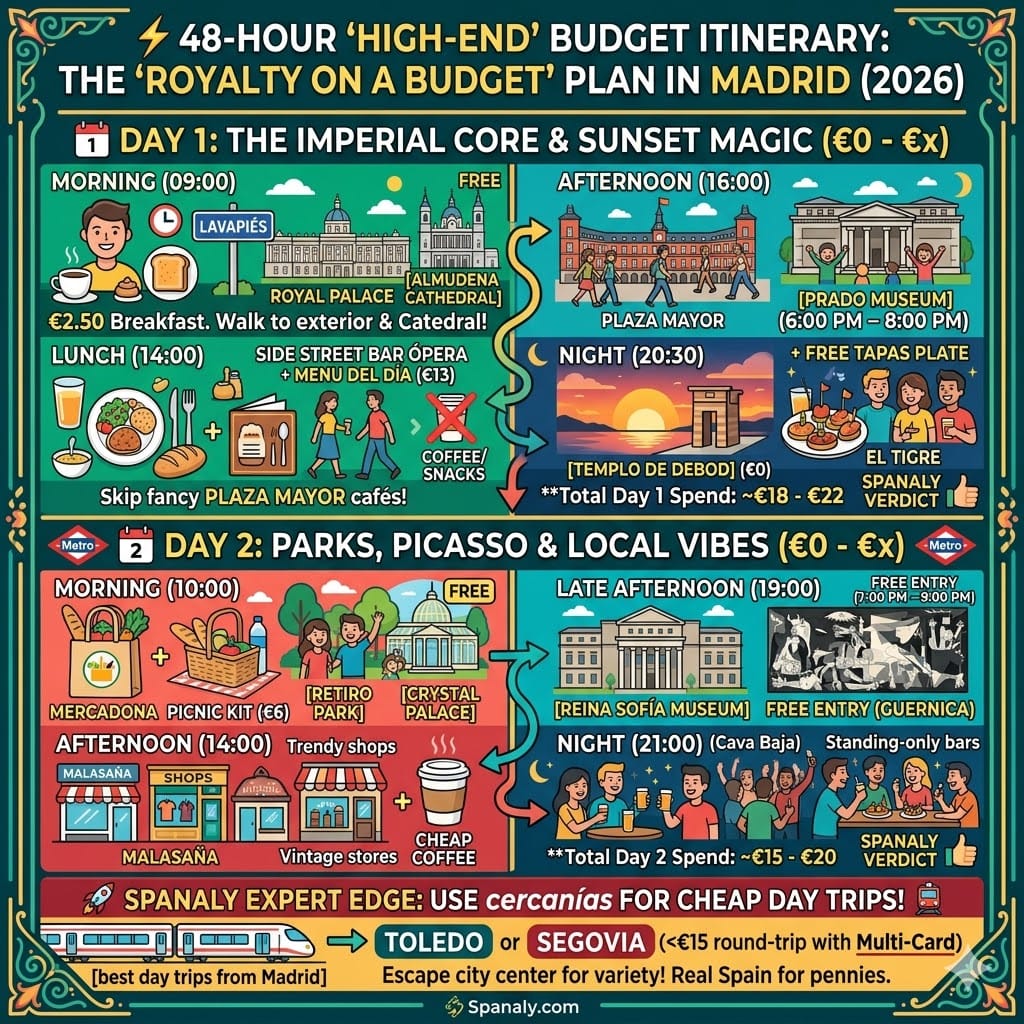 A detailed 48-hour budget itinerary infographic for Madrid by Spanaly. Day 1 focuses on the Imperial Core with free visits to Almudena Cathedral, Prado Museum, and Templo de Debod. Day 2 features Retiro Park, Reina Sofía Museum, and Malasaña. Includes a Spanaly Expert Edge on taking cheap day trips to Toledo and Segovia using Cercanías trains.