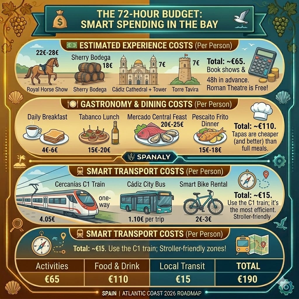 Infographic of 72-hour travel budget for Cádiz and Jerez: Costs for horse shows, sherry bodegas, seafood, and C1 train with Spanaly.com logo.