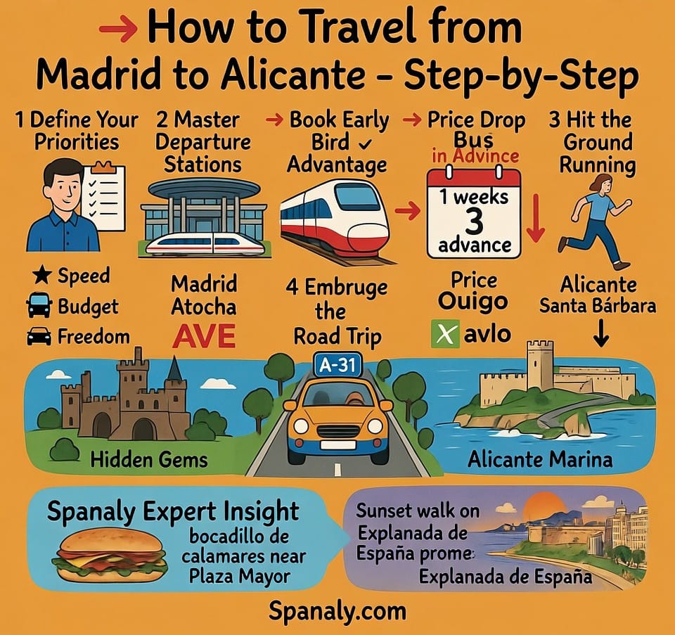 Step-by-step infographic roadmap from Madrid to Alicante showing train, bus, and driving routes.