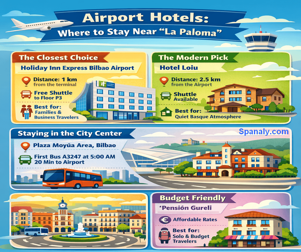 Colorful infographic showing the best airport hotels near Bilbao Airport “La Paloma”, including Holiday Inn Express Bilbao Airport, Hotel Loiu, city center stays near Plaza Moyúa, and budget option Pensión Gureli with distances, shuttle services, and travel tips.