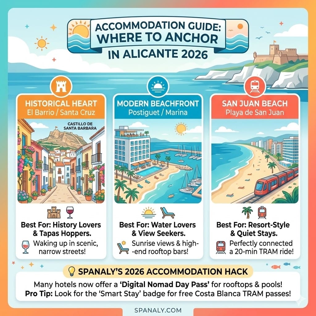 Infographic showing the best areas to stay in Alicante 2026: Historical Heart, Modern Beachfront, and San Juan Beach.