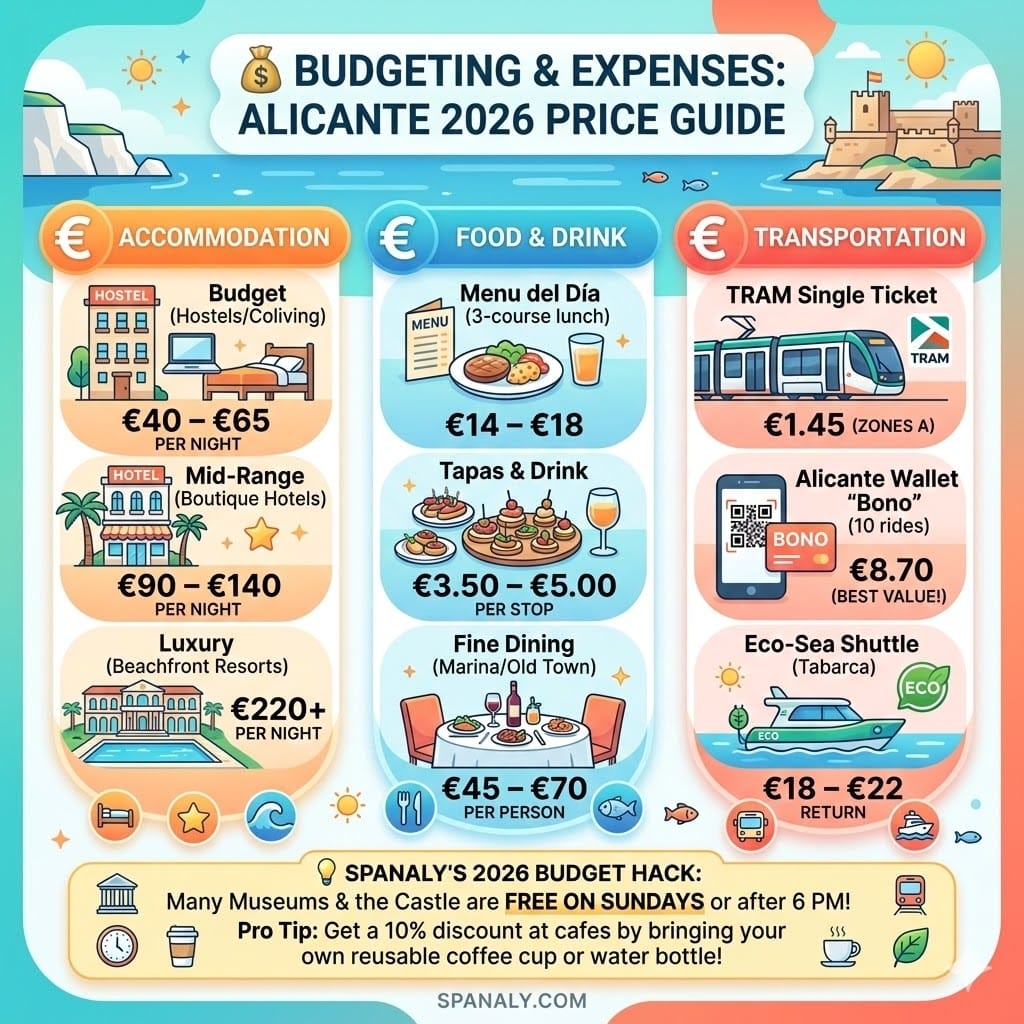 Infographic showing 2026 travel costs in Alicante: Accommodation, Food, and Transportation prices with budgeting tips.