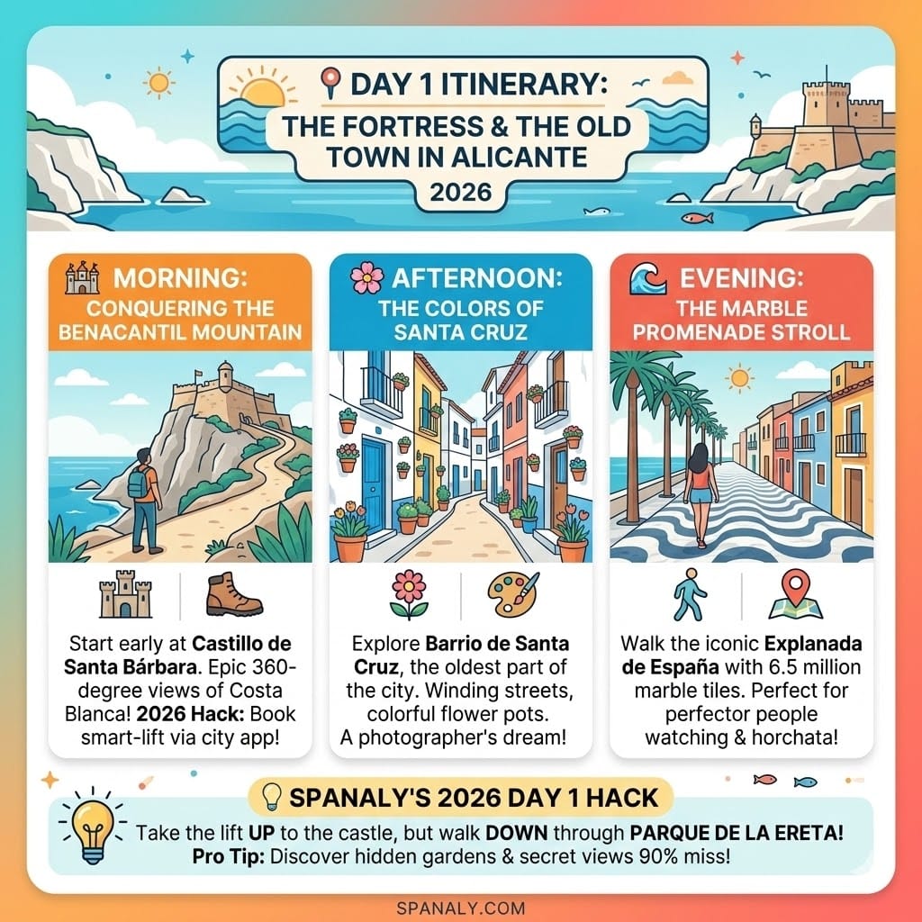 Infographic for Day 1 in Alicante 2026 featuring Santa Barbara Castle, Barrio de Santa Cruz, and Explanada de España.