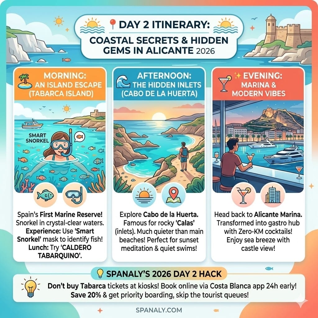 Infographic for Day 2 in Alicante 2026 featuring Tabarca Island snorkeling, Cabo de la Huerta coves, and the Marina nightlife.