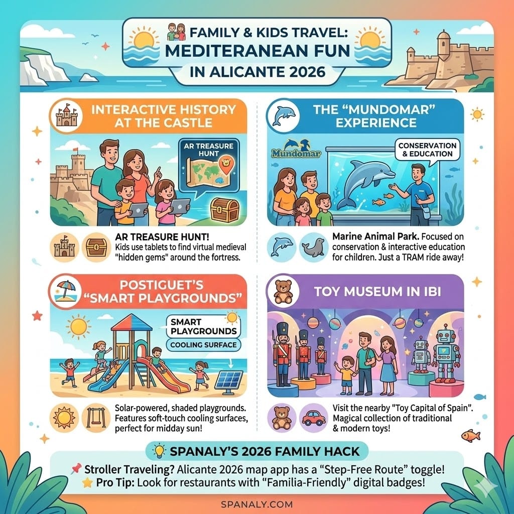 Infographic for family travel in Alicante 2026 showing AR castle tours, MundoMar park, smart playgrounds, and the Ibi Toy Museum.