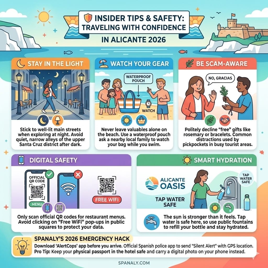 Infographic showing safety tips for Alicante 2026, including beach security, scam prevention, digital safety, and the AlertCops app.