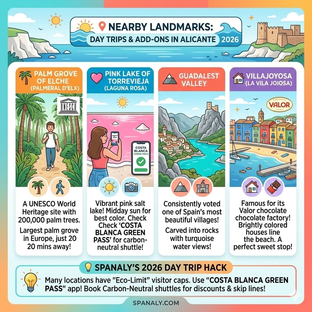 Infographic of day trips from Alicante 2026: Elche Palm Grove, Pink Lake Torrevieja, Guadalest Valley, and Villajoyosa.