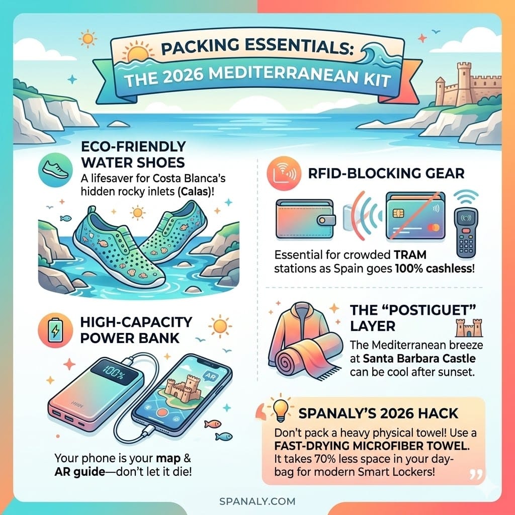 Infographic showing 2026 travel essentials for Alicante, including water shoes, RFID wallet, power bank, and microfiber towel.