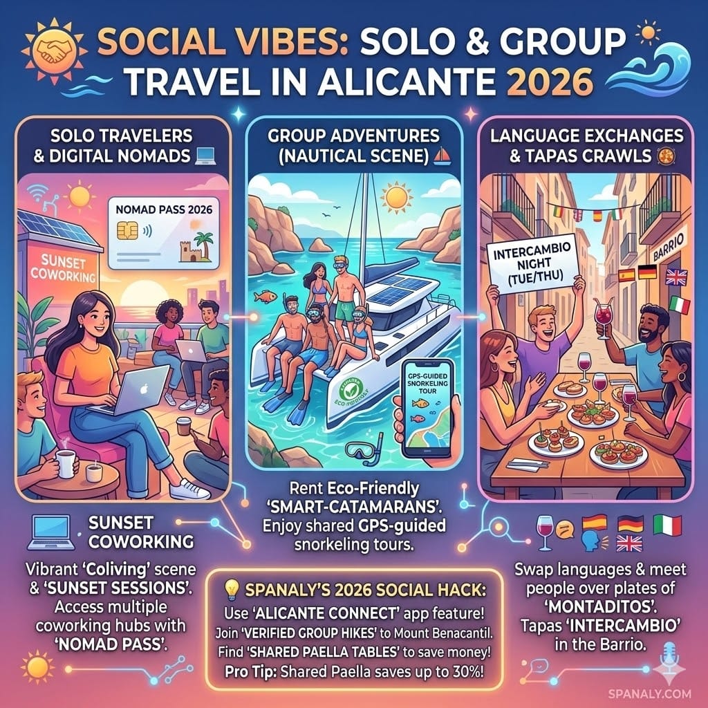 Infographic for solo and group travel in Alicante 2026 showing coworking at sunset, group catamaran tours, and tapas language exchange.