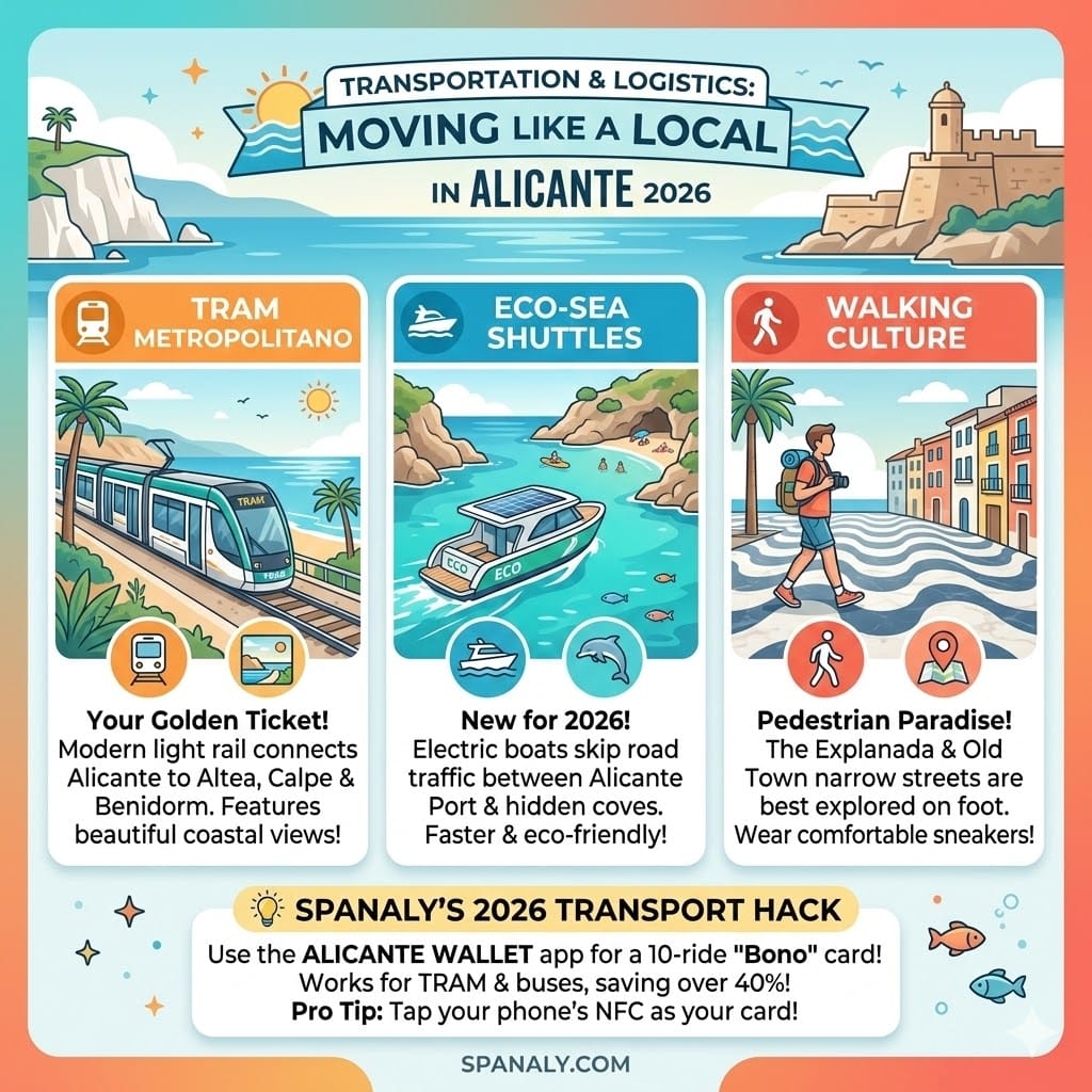 Infographic explaining how to get around Alicante and Costa Blanca in 2026 using the TRAM, Sea Shuttles, and walking.