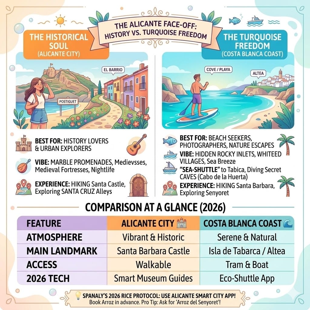 Infographic comparing Alicante city historical landmarks and Costa Blanca turquoise beaches for a 3-day trip in 2026.