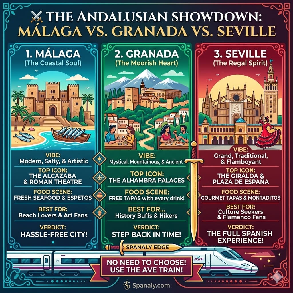 A colourful vertical comparison infographic by Spanaly comparing Málaga (The Coastal Soul), Granada (The Moorish Heart), and Seville (The Regal Spirit). It features detailed icons and data on Vibe (Modern, Mystical, Grand), Top Icons (Alcazaba, Alhambra, Giralda), Food Scene (Seafood Espetos, Free Tapas, Gourmet Tapas), and Best For (Beach & Art, History & Hiker, Culture & Flamenco) for each city. A prominent AVE train at the bottom links the three.