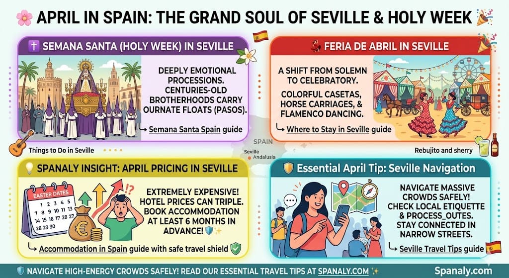 Infographic titled '🌸 APRIL IN SPAIN: THE GRAND SOUL OF SEVILLE & HOLY WEEK'. It features visual panels illustrating solemn Semana Santa processions with hooded penitents carrying ornate floats (Pasos), and the vibrant Feria de Abril with traditional flamenco dancing and horse carriages in Seville. Includes Spanaly Insights about triple hotel prices, booking 6 months in advance, and navigating crowds safely. Modern flat vector style. Spanaly.com